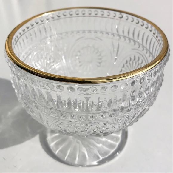 Clear Glass Footed Dessert Bowl Flower Embossed Trifle Ice Cream Bowl gold rim - Picture 4 of 9